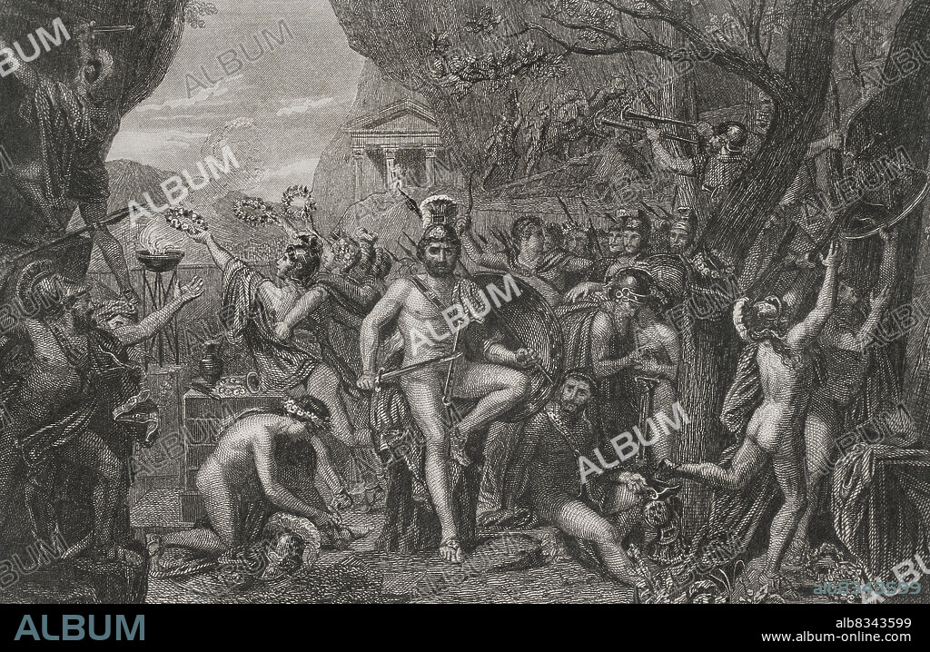Leonidas at Thermopylae. Engraving based on the painting by Jacques-Louis David. It depicts the battle at Thermopylae, where the Spartan Leonidas blocked the way of the Persian army led by Xerxes. Leonidas is shown in the centre, naked and armed in Spartan uniform, surrounded by naked soldiers. "Historia Universal",by César Cantú. Volume I, 1854.