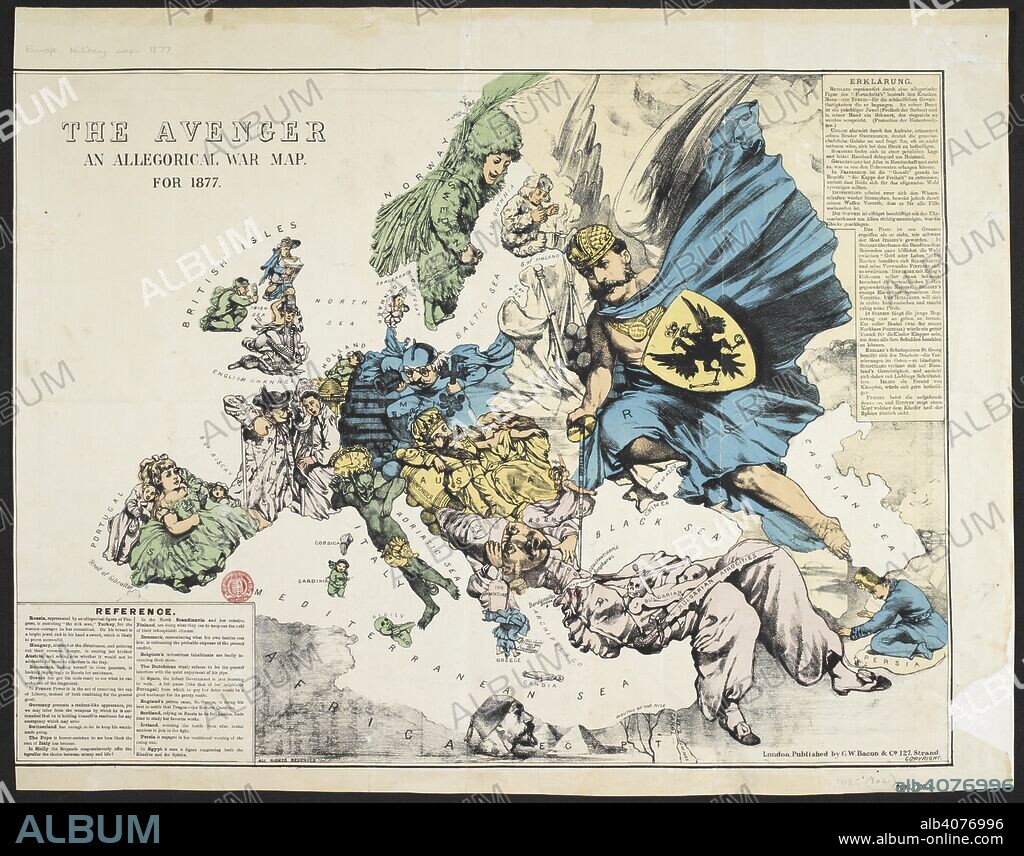 FREDERICK W. ROSE. A political cartoon with explanatory text in English and German. The Avenger : an allegorical war map for 1877. London : G.W. Bacon & Co., 1877. Source: Maps 1035.(302.). Language: English and German.