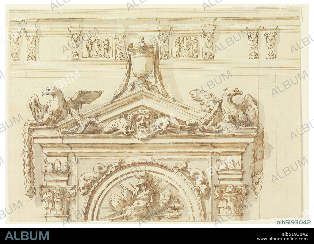 Design for the East Portal, Grand Gallery, Villa Albani, Rome, Italy, Carlo Marchionni, Italian, 17021786, Pen and brown ink, brush and brown, gray wash, black chalk on cream laid paper, Architectural study of arch topped with pediment. A semicircle is inscribed into an oblong, consisting of mouldings with a trophy of weapons inside. Dolphins lie upon the mouldings in the wedges. Laterally are the capitals of two embedded Corinthian columns supporting the entablature. Above is a stylized pediment with a mask between dolphins. The latter are intertwined with festoons hanging from two eagles standing above the corners of the pediment. The eagles' wings are displayed, the inner ones elevated, the outer inverted. Upon the point of the pediment stands an urn with garlands dragging from the handles. Its upper part is partially in front of an entablature that spreads across the upper portion of the picture and is divided into panels by consoles featuring ram's heads. The panels on the sides of the urn are decorated with a relief featuring two women standing beside a candelabra., Italy, ca. 1755, architecture, interiors, Drawing, Drawing.
