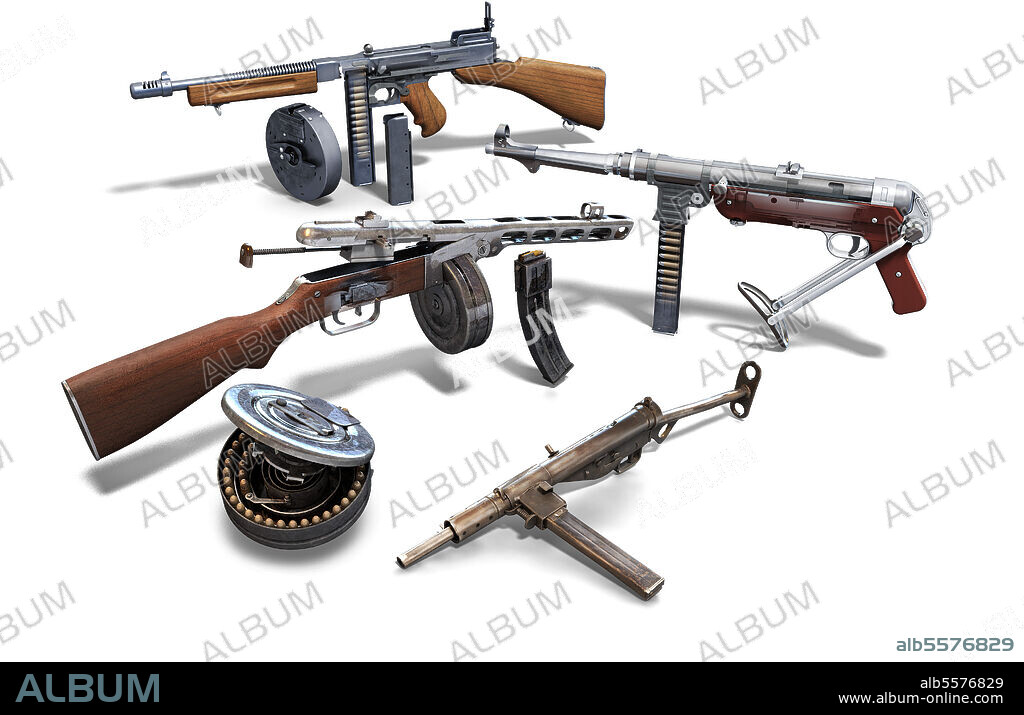 The main submachine guns used during WWII: The U.S. Tommy Gun, the Soviet Ppsh-41, the German MP40 and the British Sten.