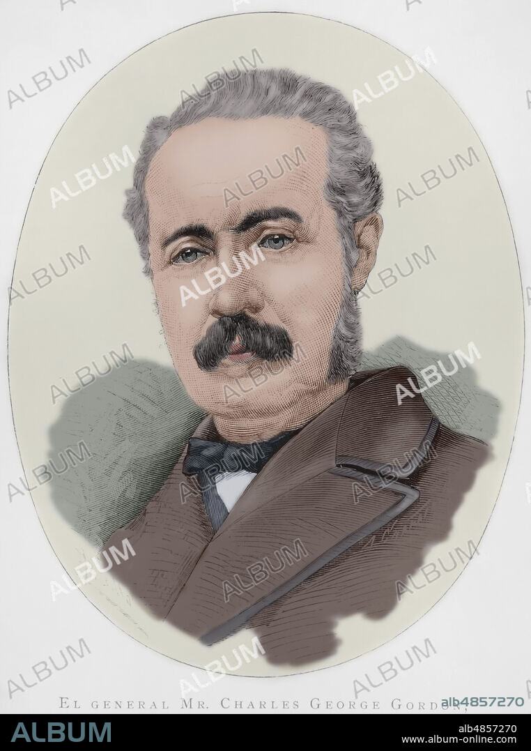 ARTURO CARRETERO (CA. 1852-1903). SPANISH ENGRAVER AND XYLOGRAPH. FÉLIX BADILLO (1848-1895). SPANISH ILLUSTRATOR.. Charles George Gordon (1833-1885). British general, so-called Gordon Pasha, and Gordon of Khartoum. Portrait. Drawing by Badillo. Engraving by Arturo Carretero (1852-1903). Later colouration. La Ilustración Española y Americana (The Spanish and American Illustration), 1884.