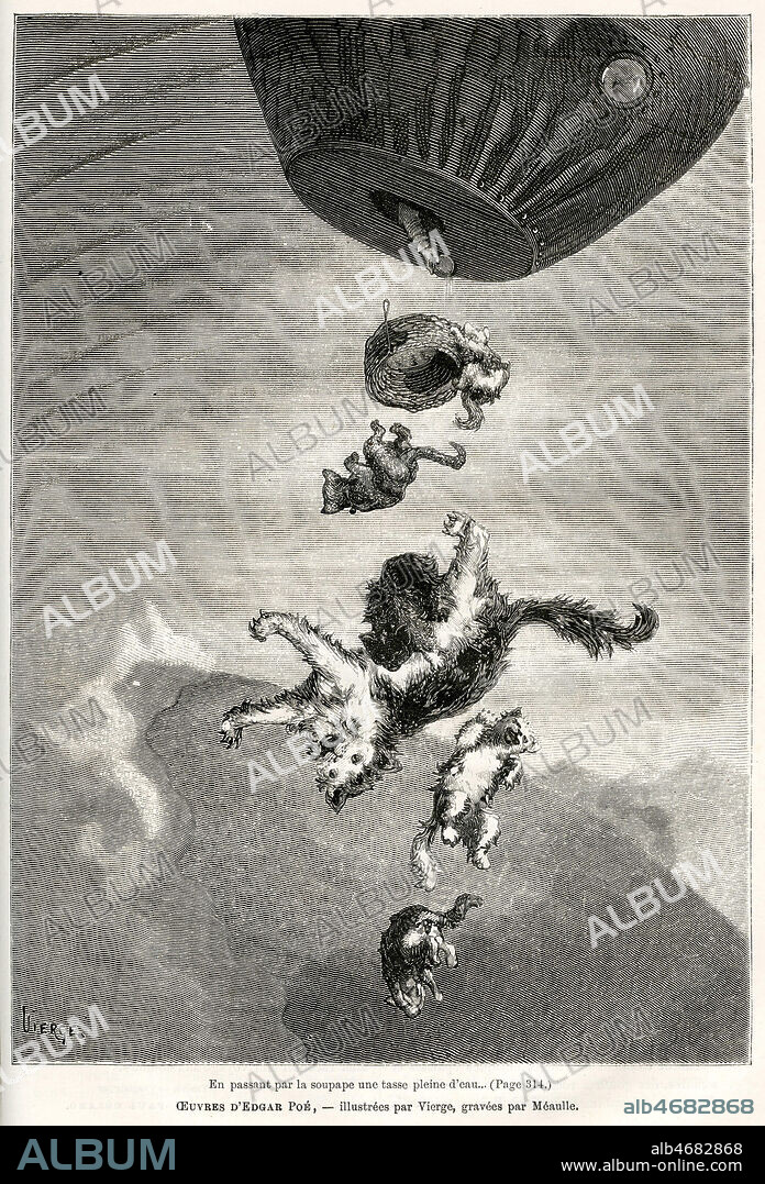 En passant par la soupape une tasse pleine d'eau. Illustration par Daniel VIERGE (1851-1904) pour Aventure incomparable d'un certain Hans Pfaall par Edgar POE (1809-1849) repris dans le Musee universel de 1874. Credit : Coll. Jonas/KHARBINE-TAPABOR.