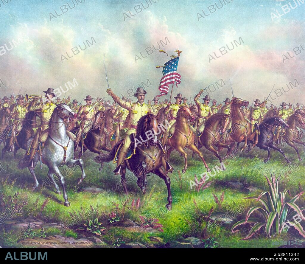 The Rough Riders is the name bestowed on the 1st United States Volunteer Cavalry, one of three such regiments raised in 1898 for the Spanish-American War and the only one of the three to see action. The United States Army was small and understaffed in comparison to its status during the American Civil War roughly thirty years prior. As a measure towards rectifying this situation President William McKinley called upon 1,250 volunteers to assist in the war efforts. The regiment was also called "Wood's Weary Walkers" in honor of its first commander, Colonel Leonard Wood. This nickname served to acknowledge that despite being a cavalry unit they ended up fighting on foot as infantry. Wood's second in command was former assistant secretary of the United States Navy, Theodore Roosevelt, a man who had pushed for American involvement in Cuban independence. When Colonel Wood became commander of the 2nd Cavalry Brigade, the Rough Riders then became "Roosevelt's Rough Riders." Published by Kurz & Allison, undated.