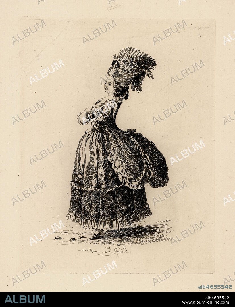 Woman in satin dress a la Polonaise, pipe bonnet with rosette, era of Marie Antoinette. Robe a la Polonaise de satin leger, bonet a tuyaux. Copperplate etching by Auguste Etienne Guillaumot from Costumes et coiffures du XVIIIe siecle, Costumes and hairstyles of the 18th century, Cagnon, Paris, 1875. Original illustration by Pierre Thomas Le Clerc from the Gallerie des Modes et Costumes Francais, 1778-1787.