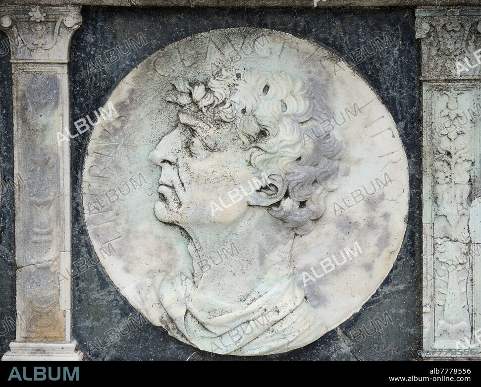 TIBERIO Claudio Nero (about 85 BC - 33 BC), Roman politician and military man, father of the second Roman emperor, Tiberius, and ancestor of the emperors Caligula and Nero. "Tiberius Claugius Nero", bas-relief decoration from the band depicting famous characters of antiquity and mythological themes, inspired by the medals of the Roman era, carved on the base of the facade of the basilica of the Certosa di Pavia, a typical example of Lombard Renaissance architecture of the fifteenth century.