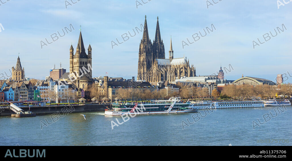 Great Saint Martin Church and Cologne Cathedral, Cologne (Koln), North Rhine Westphalia, Germany, Europe.