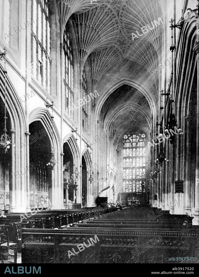 Interior, Bath Abbey, Somerset, 1924-1926. Bath Abbey's founder, Bishop Oliver King, reputedly had a dream himself featuring Jacob's Ladder that inspired him to build the Abbey on the site of the earlier Norman Cathedral. The project was begun in 1499, making Bath Abbey the latest of England's great medieval churches. A photo from Hutchinson's Britain Beautiful, edited by Walter Hutchinson, Volume 4, 1924-1926.