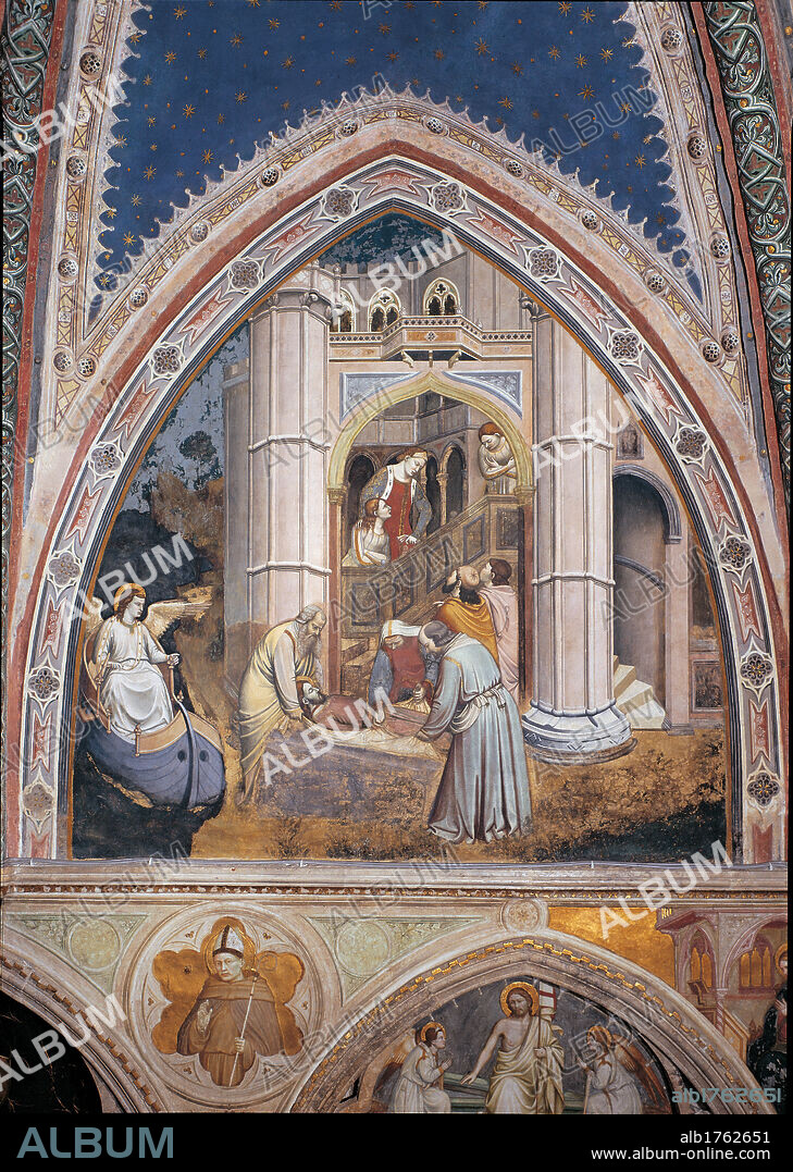 Stories of St James Episode no. 4 The Body of St James is Carried to the Castle of Lupa, Spain, and the Burial of the Saint, by Jacopo Avanzi, 1372-1379 about, 14th Century, fresco,. Italy, Veneto, Padua, Basilica del Santo, San Giacomo Chapel. Stories of St James Episode no. 4 The Body of St James is Carried to the Castle of Lupa, Spain, and the Burial of the Saint. After the restoration boat dead man corpse walls gate angel boatman.