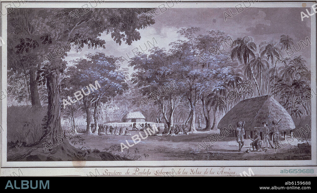 FERNANDO BRAMBILA. SEPULCRO DE PAULAJO SOBERANO DE LAS ISLAS DE LOS AMIGOS - ISLAS DE VAVAO - DIBUJO A TINTA - SIGLO XVIII - EXPEDICION MALASPINA.
