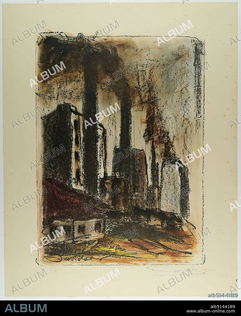 Willy Davidson, Adolf Harms Verlag, Aus dem Mappenwerk Erde und Eisen, Adolf Harms Verlag, Hamburg 1921, paper, opaque watercolor, chalk lithograph, image size: height: 40 cm; width: 29 cm, signed and numbered: recto: in lead: 2/5, Davidson, on the printing plate: Davidson, portfolio works, free graphic art (prints/printed matter), factory building, chimney, expressionism.