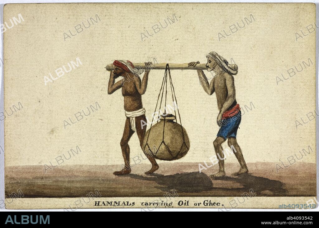 Hammals carrying oil or ghee. Bombay Views and Costume. 1810-11. India. Source: WD 315 no.78.