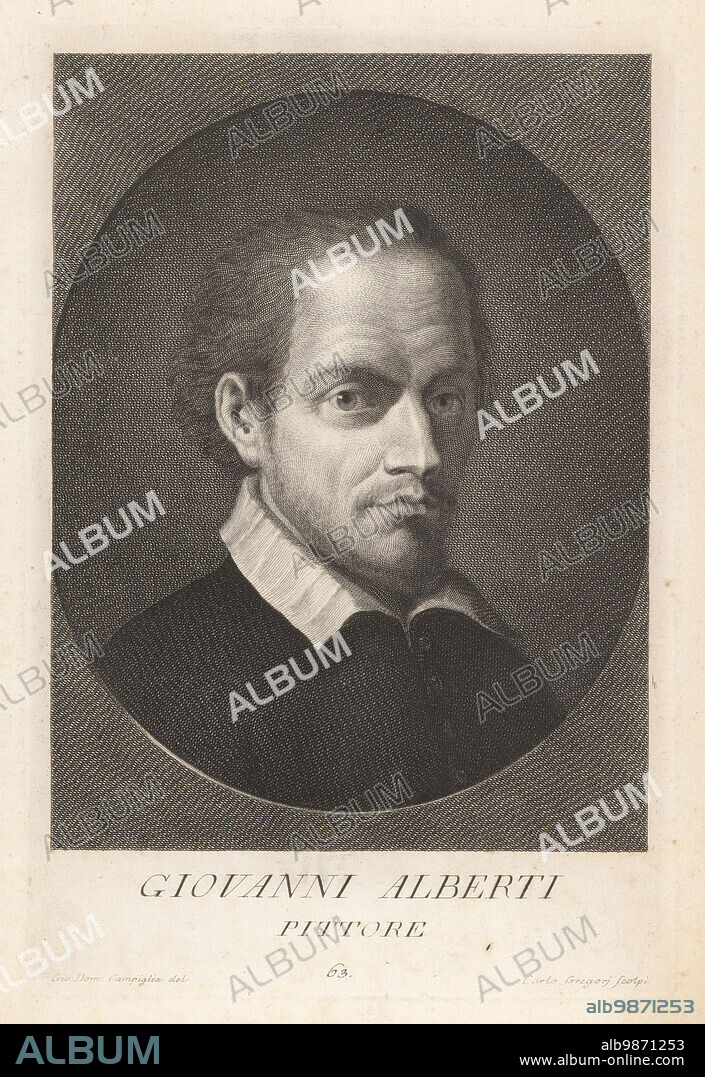 Giovanni Alberti, Italian painter, poet and art critic, 15581601. Known for his perspective painting (quadratura) in landscapes. Brother of Cherubino Alberti. Copperplate engraving by Carlo Gregori after Giovanni Domenico Campiglia after a self portrait by the artist from Francesco Moucke's Museo Florentino (Museum Florentinum), Serie di Ritratti de Pittori (Series of Portraits of Painters) stamperia Mouckiana, Florence, 1752-62.