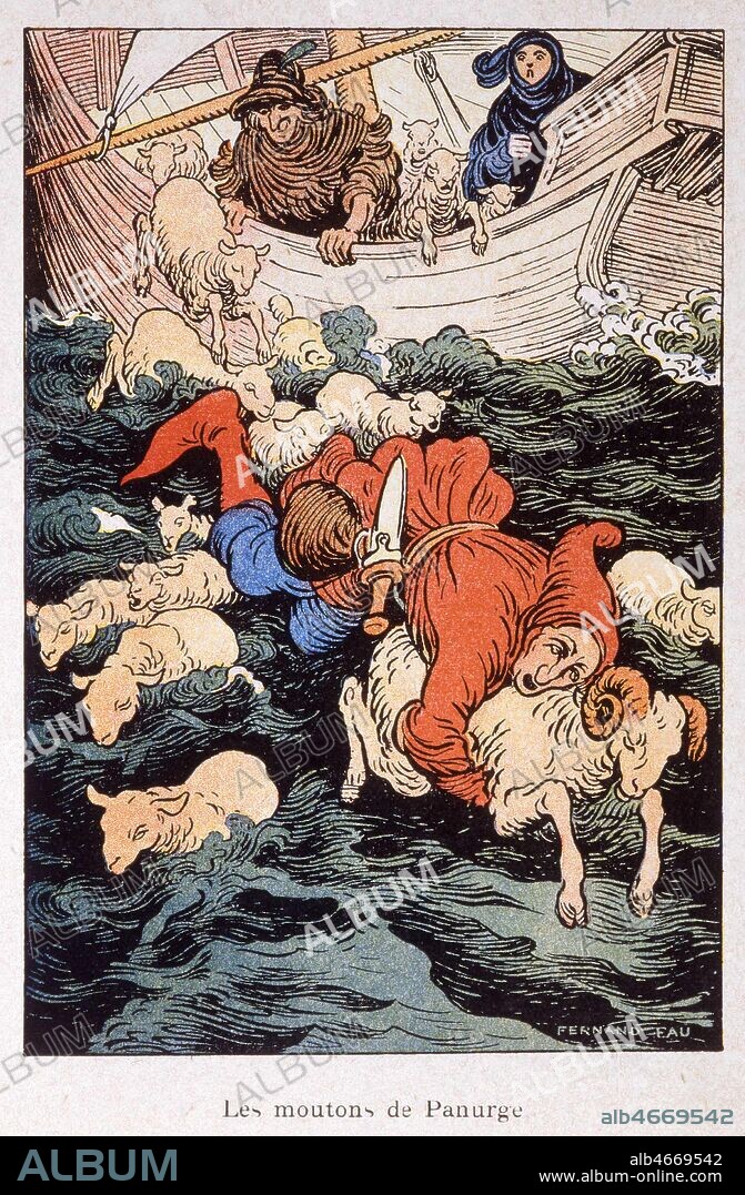 Les moutons de Panurge. Illustration de 1910 par Fernand FAU (1858-1919) pour Pantagruel de RABELAIS (1483-1553). Credit: Collection Grob/KHARBINE-TAPABOR.