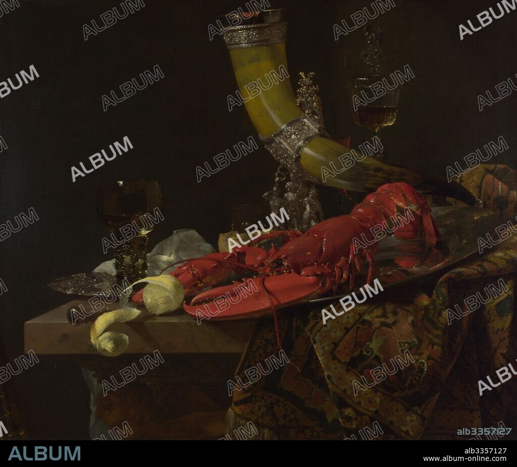 WILLEM KALF. Still Life with the Drinking-Horn of the Saint Sebastian Archers' Guild, Lobster and Glasses.