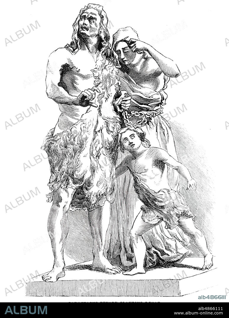 Caractacus before Claudius Caesar, 1844. After a sculpture of Caratacus, the British chieftain of the Catuvellauni tribe, by J. D. H. Browne, exhibited at Westminster Hall in London: '...wherein the British chief reproves the Roman conqueror with the memorable words: " Though you may wish to rule all, it does not follow that all will submit to slavery"'. From "Illustrated London News", 1844, Vol I.