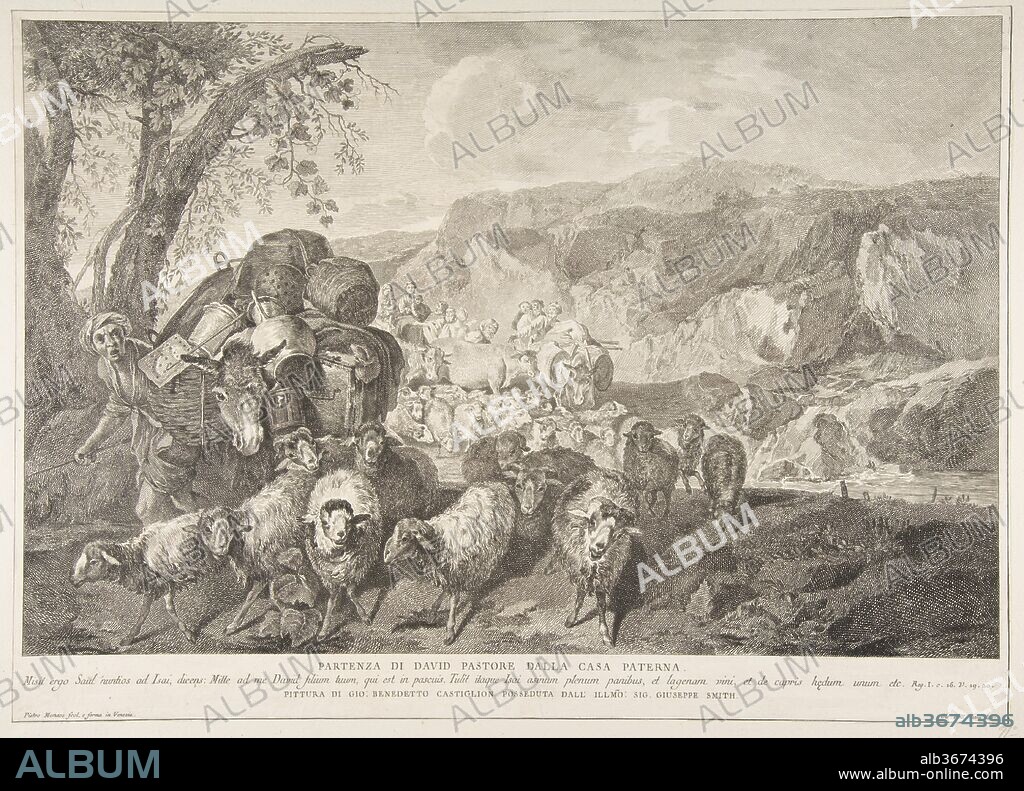 Departure of David the Shepherd from the House of His Father. Artist: After Giovanni Benedetto Castiglione (Il Grechetto) (Italian, Genoa 1609-1664 Mantua); Pietro Monaco (Italian, Belluno 1707-1772 Venice). Dimensions: image: 12 5/8 x 19 5/16 in. (32 x 49 cm). Date: 18th century.