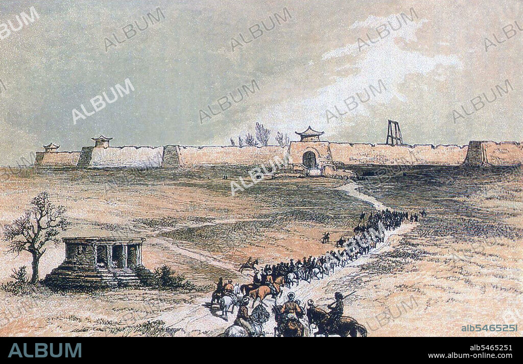 Yarkand in Xinjiang is one of the major cities of the southern Tarim Basin region and has long been associated with Uighur nationalism and separatism. It shares these values with Kashgar and Khotan, but is gradually becoming a more Han Chinese city. This image dates from Robert Shaw's visit in 1868. The gallows can be seen behind the wall to the right of the city gate.