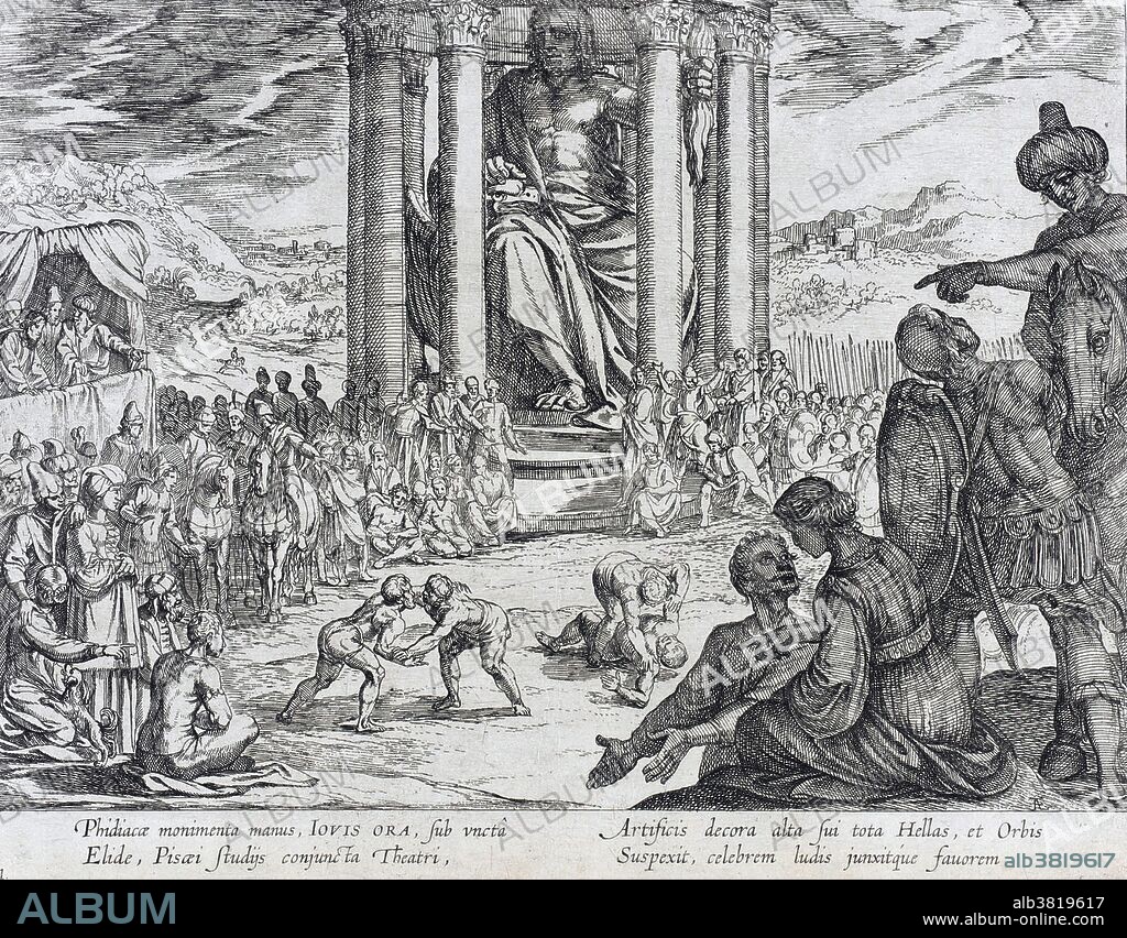 Etching of the Statue of Zeus at Olympia from the series: The Seven Wonders of the World (plate 1) by Antonio Tempesta (1555-1630) Italy, published 1610. This statue was one of the Seven Wonders of the Ancient World and was 40 feet high inside the Temple of Zeus in Olympia, Greece. It was carved by the great sculptor Phidias and inlaid with ivory, ebony, gold and precious stones. The Olympic Games are thought to have originated in Olympia in 766 BC and had great religious importance, with contests alternating with sacrifices and ceremonies in honor of the god Zeus.