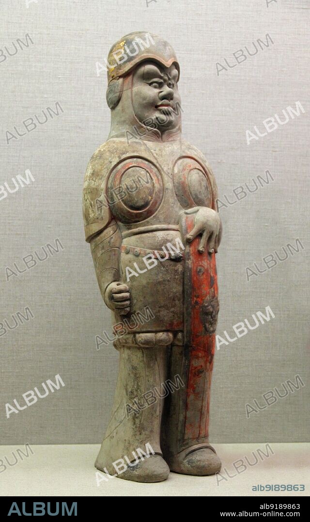China: Northern Qi Dynasty Tomb Guardian, Tomb Of Lou Rui, Shanxi Provincial Museum, Taiyuan, 570 CE.<br/><br/>. The Northern Qi, also known as the Qi, Later Qi or Gao Qi, was an imperial Northern dynasty during the Northern and Southern Dynasties era. Founded by Emperor Wenxuan (Gao Yang) in 550 CE, the Northern Qi was a successor state to the Eastern Wei dynasty.<br/><br/>. Of three main states in China at the time (the others being the Northern Zhou and Chen dynasties), the Northern Qi was intially the strongest, but it was plagued by violence, corruption and incompetent emperors, and soon was conquered by the Northern Zhou in 577 CE.