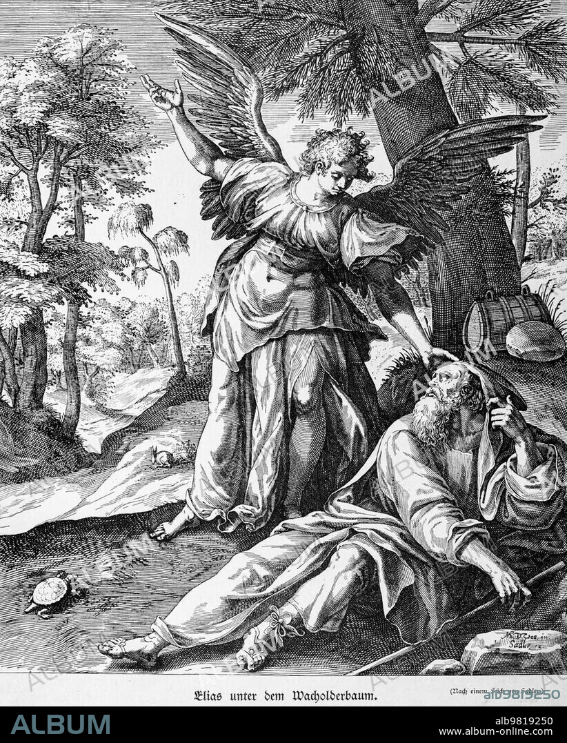 Elijah under the Juniper Tree; First Book of Kings; Chapter 19; Verses 1-8; Old Testament; Bible; angel messenger; landscape; trees; stream; lie; desert; sleep; bread; forty days; historical illustration 1890.