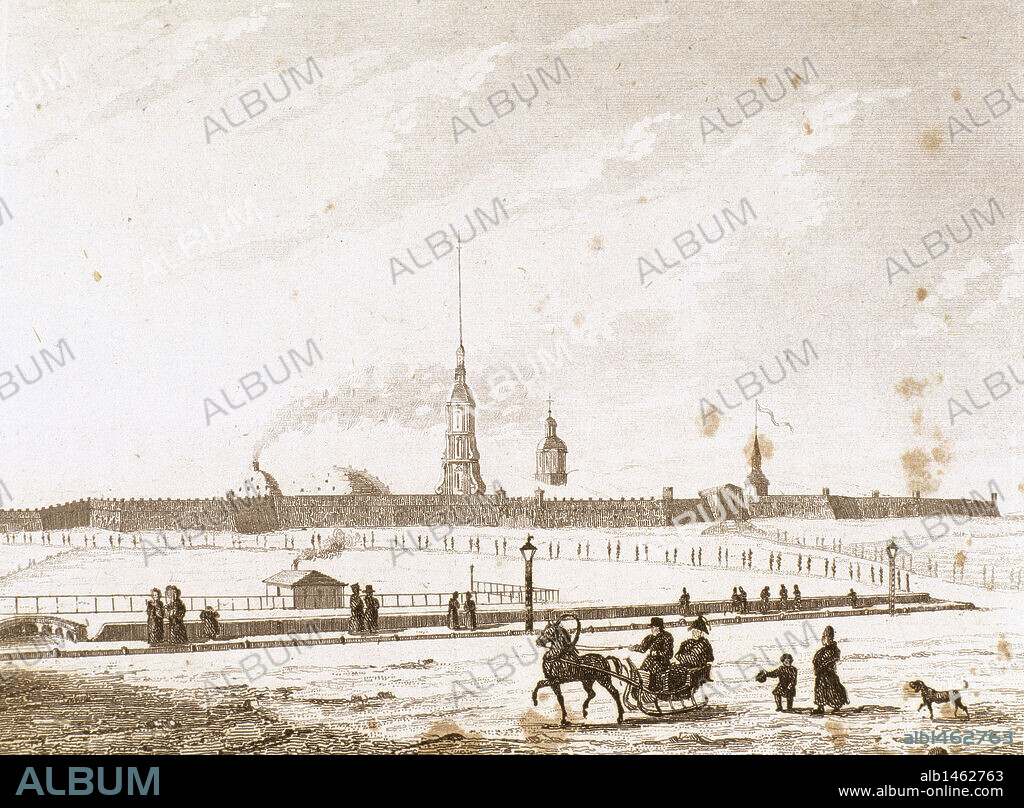 HISTORIA DE RUSIA. SIGLO XVIII. SAN PETERSBURGO. Fortaleza de Pedro y Pablo junto al río Neva, en invierno. Grabado del siglo XIX.