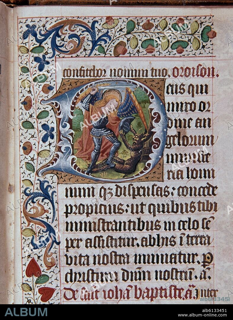 AUTOR LIBRE 01307. RES 189 - FOL 53 - LUCHA DEL ARCANGEL SAN MIGUEL CONTRA EL DEMONIO-BIEN Y MAL - SIGLO XV.