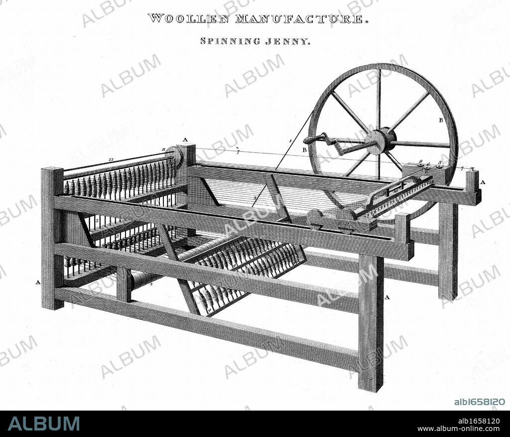 Spinning Jenny - Invented by James Hargreaves (c1720-78) in 1764. Copperplate engraving 1820.
