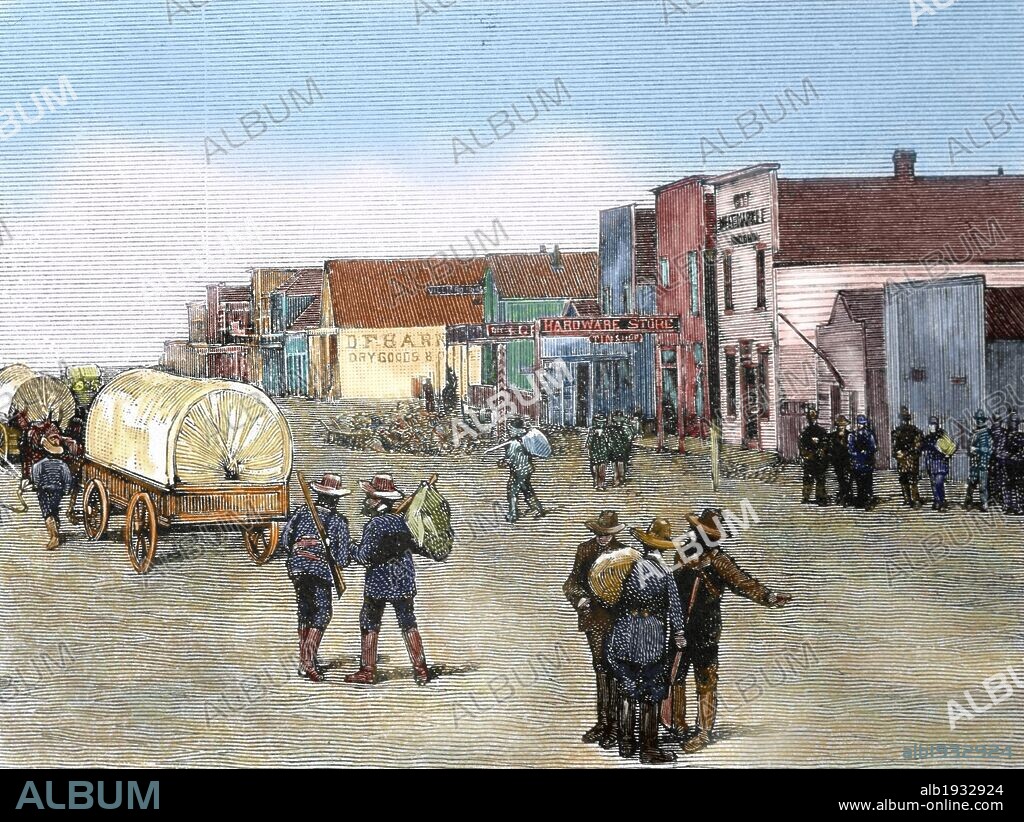 United States. Purcell. Oklahoma. Main Street after the land rush, 1889. Engraving published in the newspaper "Frank Leslie's" en1889. Colored.
