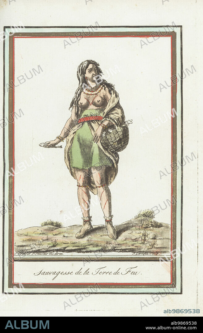 Native American woman of Tierra del Fuego, South America. In sealskin cloak, skirt with belt, necklace and bracelets of shells, leather shoes, her body painted in red. Holding a basket of fish. Perhaps of the extinct Yahgan or Selk'nam people. Sauvagesse de la Terre de Feu. Handcoloured copperplate engraving by J. Laroque after a design by Jacques Grasset de Saint-Sauveur from his Encyclopedie des voyages, Encyclopedia of Voyages, Bordeaux, France, 1792.