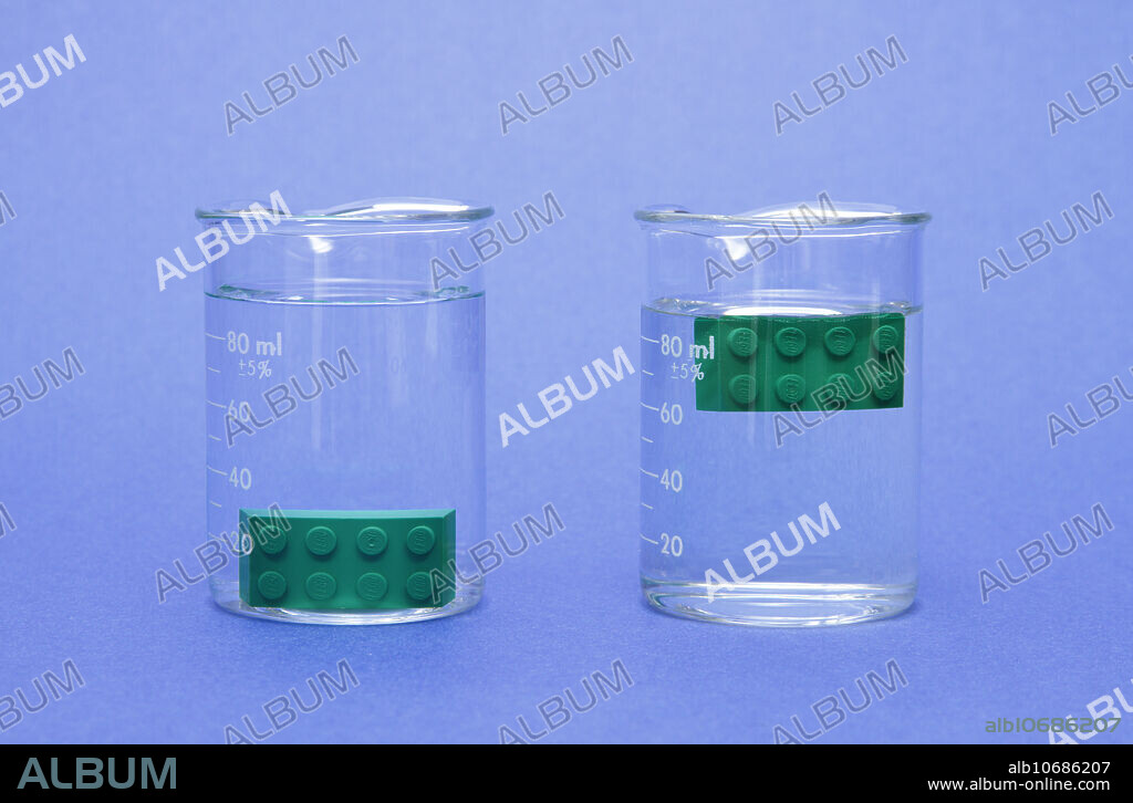 In this demonstration, a LEGO brick sinks in fresh water (left) but floats in sugar water (right). LEGO bricks are made of ABS (acrylonitrile butadiene styrene) plastic, which has a density of 1050 kg/m3. The density of fresh water is 997 kg/m3. Adding sugar increases the density of the water, making it higher than the LEGO's.