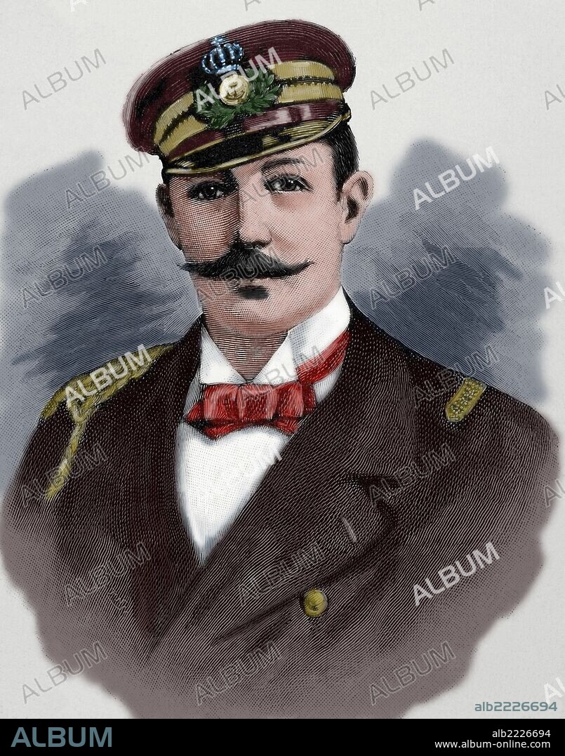 JORGE I (1845-1913). Rey de Grecia de 1863 a 1913. Aunque era príncipe de Dinamarca, con solo 17 años fué elegido Rey por la Asamblea Nacional de Grecia, que había depuesto al anterior monarca, Otón I. Grabado coloreado de "La Ilustración Artística".