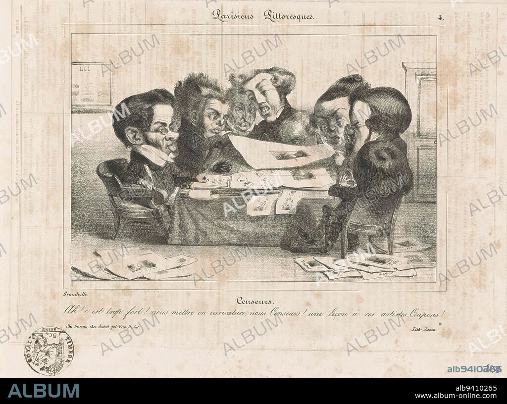 Caricature of French Censors, Censeurs (title on object), Parisiens Pittoresques (series title on object), Eight French censors bend over a table of prints with caricatures. Text on verso., print maker: Jean Ignace Isidore Gérard Grandville, (mentioned on object), printer: Junca, (mentioned on object), publisher: Aubert & Cie., (mentioned on object), Paris, 1835, paper, letterpress printing, height 221 mm × width 305 mm.