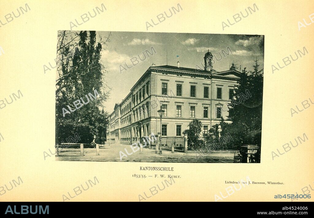 Cantonal School 1853/1855. - F.W. Kubly, Canton school building on the moat by Felix Wilhelm Kubly in St. Gallen (Switzerland), signed: Photograph by J. Brunner, Fig. 13, p. 22, J. Brunner, Photographie- und Lichtdruck-Anstalt Winterthur (imp.), 1889, Section St. Gallen des Schweizerischen Ingenieur- und Architekten-Vereins (Hg.): Altes und Neues aus der Stadt St. Gallen. Anlässlich der Hauptversammlung des Schweizerischen Ingenieur- und Architekten-Vereins am 21. bis 23. September 1889. St.Gallen: Druck der Zollikofer'schen Buchdruckerei, 1889.