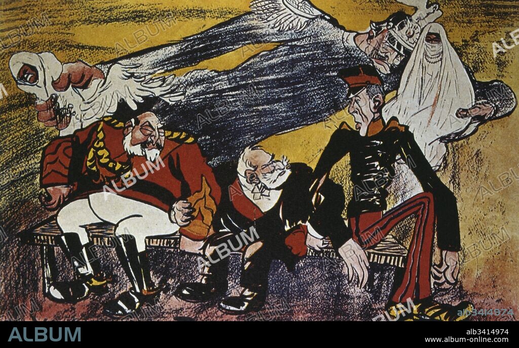 French satirical cartoon 1905 depicting French, German and Spanish rivalry in Morocco. Kaiser Wilhelm II and King Alphonso XIII are shown.