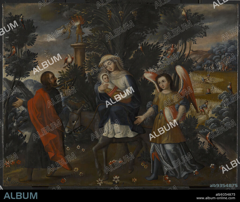 The Flight Into Egypt, Cuzco School, Oil on canvas, Peru, mid-18th century, 23 1/4 x 29 3/4in., 59.1 x 75.6cm, painting.