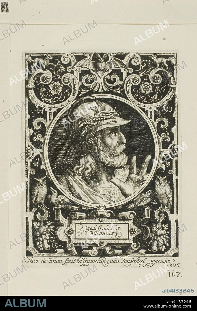 Godfrey of Bouillon, plate nine from The Nine Worthies. Nicolaes de Bruyn (Flemish, 1571-1656); published by Assuerus van Londerseel (Flemish, 1572-1635). Date: 1594. Dimensions: 116 × 87 mm (image); 124 × 91 mm (plate); 175 × 141 mm (sheet). Engraving in black on cream laid paper. Origin: Flanders.