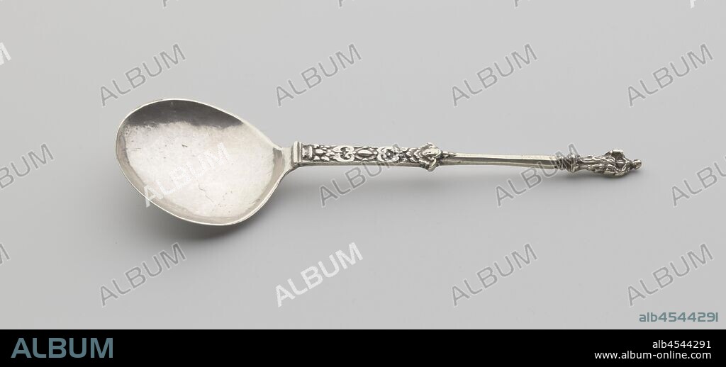Spoon, Silver spoon with stem crowned by a figure (apostle?). The lower part of the stem is hammered with Renaissance ornaments closed by a cherub. The reverse side of the stem is engraved with the initials M E. The spoon is marked, Groningen 1636 or 1637., anonymous, 1636 and/or 1637, silver (metal), l 18.4 cm × w 5.8 cm.