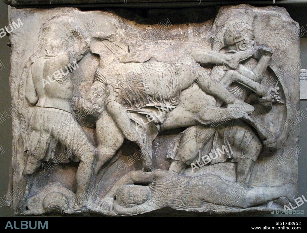 Nereid Monument. Sculptured tomb from Xanthos. Classical period Lycia. Turkey. Battle. Greater podium frieze. 390-380 BC. British Museum. London. England. United Kingdom.