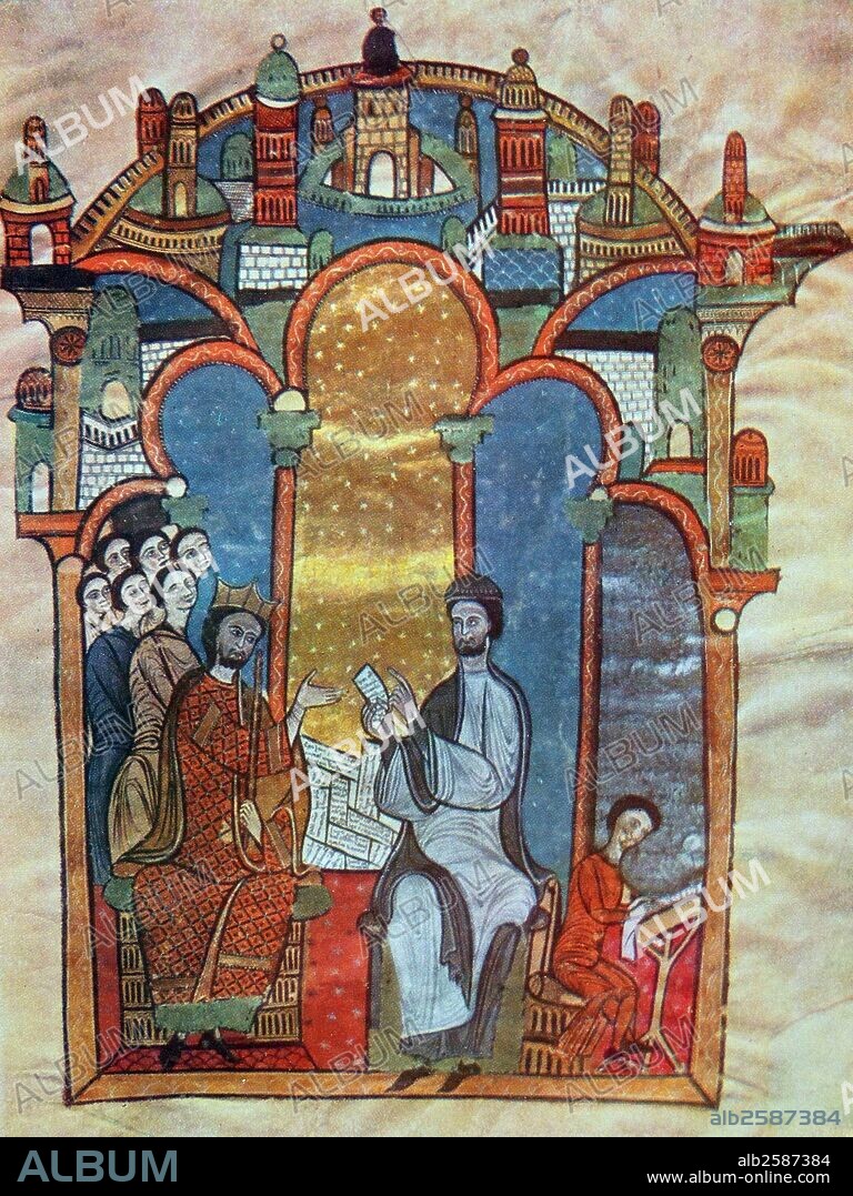 The Liber feudorum maior, the Great Book of Fiefs. A late 12th century illuminated cartulary of the Crown of Aragon. This particular image depicts Ramon de Caldes reading documents from the royal cartulary to Alfonso II. Dated 1192.