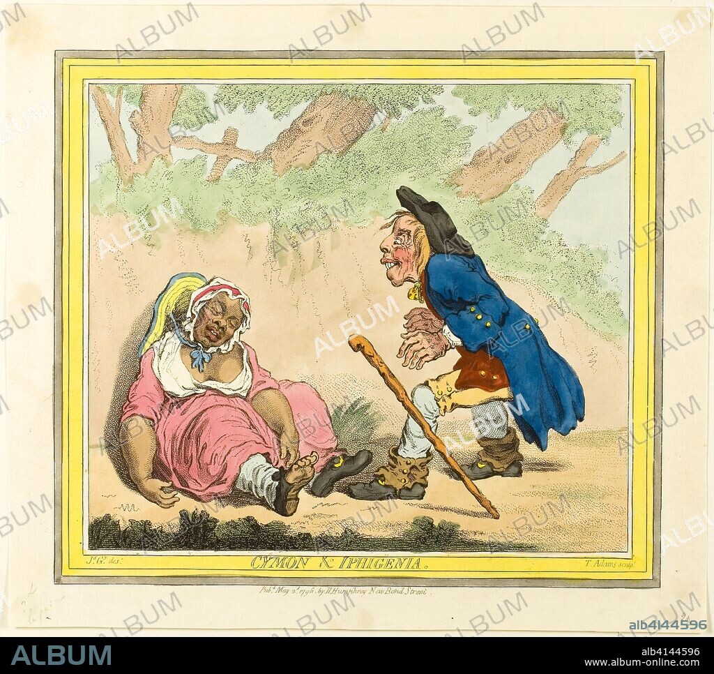 Cymon and Iphigenia. James Gillray (English, 1756-1815); published by Hannah Humphrey (English, c. 1745-1818). Date: 1796. Dimensions: 241 × 275 mm (image); 253 × 318 mm (plate); 281 × 318 mm (sheet). Etching in dark brown, with handcoloring and stipling, on cream wove paper. Origin: England.