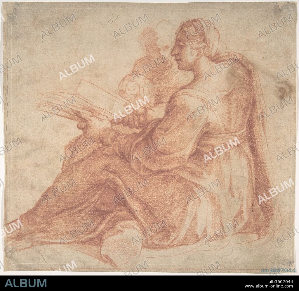 Seated Sibyl and Attendant Genius (recto); Study of the Head of a Horse in Profile (verso). Artist: Pirro Ligorio (Italian, Naples ca. 1512/13-1583 Ferrara). Dimensions: 9 5/8 x 10 7/16in. (24.5 x 26.5cm). Date: ca. 1540.
This monumental Sibyl was inspired by the figural types of the "Ancestors of Christ" frescoed by Michelangelo on the Sistine ceiling from 1508 to 1512.  The bold but finished manner of drawing with red chalk recalls Raphael's studies of about 1515-20, at the height of his Roman period.  Painter, architect, and learned antiquarian, the Neapolitan Pirro Ligorio was active mainly in Rome and Ferrara.  With her large hands and thick wrists, the Metropolitan Museum Sibyl probably dates from the 1540s, thus fairly early in Ligorio's years in Rome.
An attribution to Sebastiano del Piombo had been proposed by Philip Pouncey when this drawing was in the Squire collection in London, and the drawing was published and exhibited with this attribution after it came to the Metropolitan Museum. Then in 1971 J. A. Gere proposed the name of Pirro Ligorio, and his suggestion has since been accepted by Pouncey. Even if the amplitude of form and the sensitive lighting of the seated female figure suggested the name of Sebastiano, Gere points out that "the monstrous hands, clumsily attached to the arms by grotesquely malformed wrists, show this characteristic mannerism [of Ligorio] exaggerated to the point of actual deformity." The drawing cannot be connected with any extant work by Sebastiano del Piombo, but it is clear, that the figure is inspired by the sibyls in the Sistine Chapel.