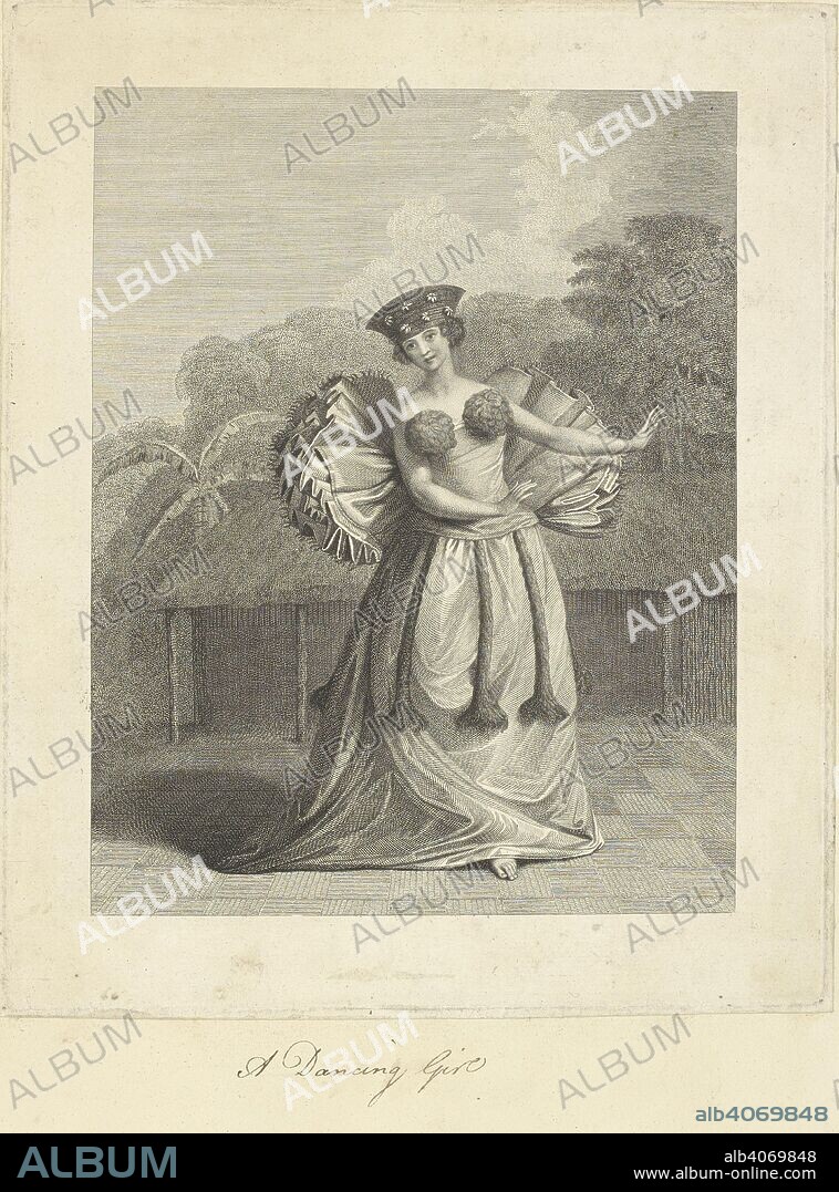 J WEBBER. A dancing girl (of Otaheite). Drawn by John Webber and engraved by John Keyse Sherwin. A girl dancing in a long gown with highly puckered ruffs of tapa attached to the back of the waist and feathery pompons covering the breasts. Several long tassels are hanging from her waist, and on her head is wearing a headdress of plaited hair ormanented with blossoms of Cape jasmine. A mat of rushes has been laid to dance upon. In the background is vegatation and a thatched building. A collection of drawings by A. Buchan, S. Parkinson, and J. F. Miller, made in the Countries visited by Captain James Cook in his First Voyage [1768-1771], also of prints published in John Hawksworth's Voyages of Biron [Byron], Wallis, and Cook [1773], as well as in Cook's second and third Voyages [1772-1775, 1776-1780]. 1768-1780. Captain Cook's third voyage. Source: Add.23921 f.41.