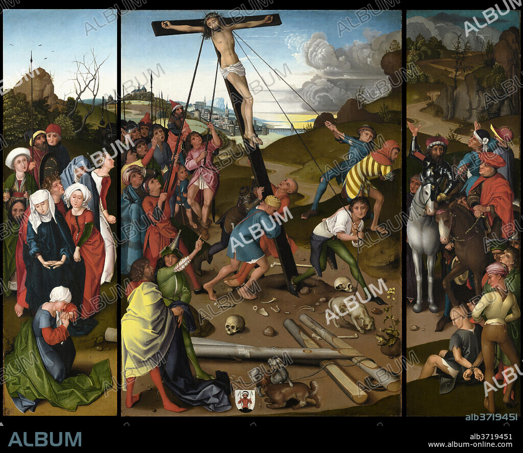 MASTER OF THE STARCK TRIPTYCH. The Raising of the Cross [center, left, and right panels]. Dated: c. 1480/1490. Dimensions: overall (center panel): 66 x 48.3 cm (26 x 19 in.)  framed (right panel): 65.4 x 24 x 3 cm (25 3/4 x 9 7/16 x 1 3/16 in.)  framed (center panel): 65.3 x 48.3 x 3 cm (25 11/16 x 19 x 1 3/16 in.)  framed (left panel): 65.6 x 24 x 3 cm (25 13/16 x 9 7/16 x 1 3/16 in.). Medium: oil on panel.