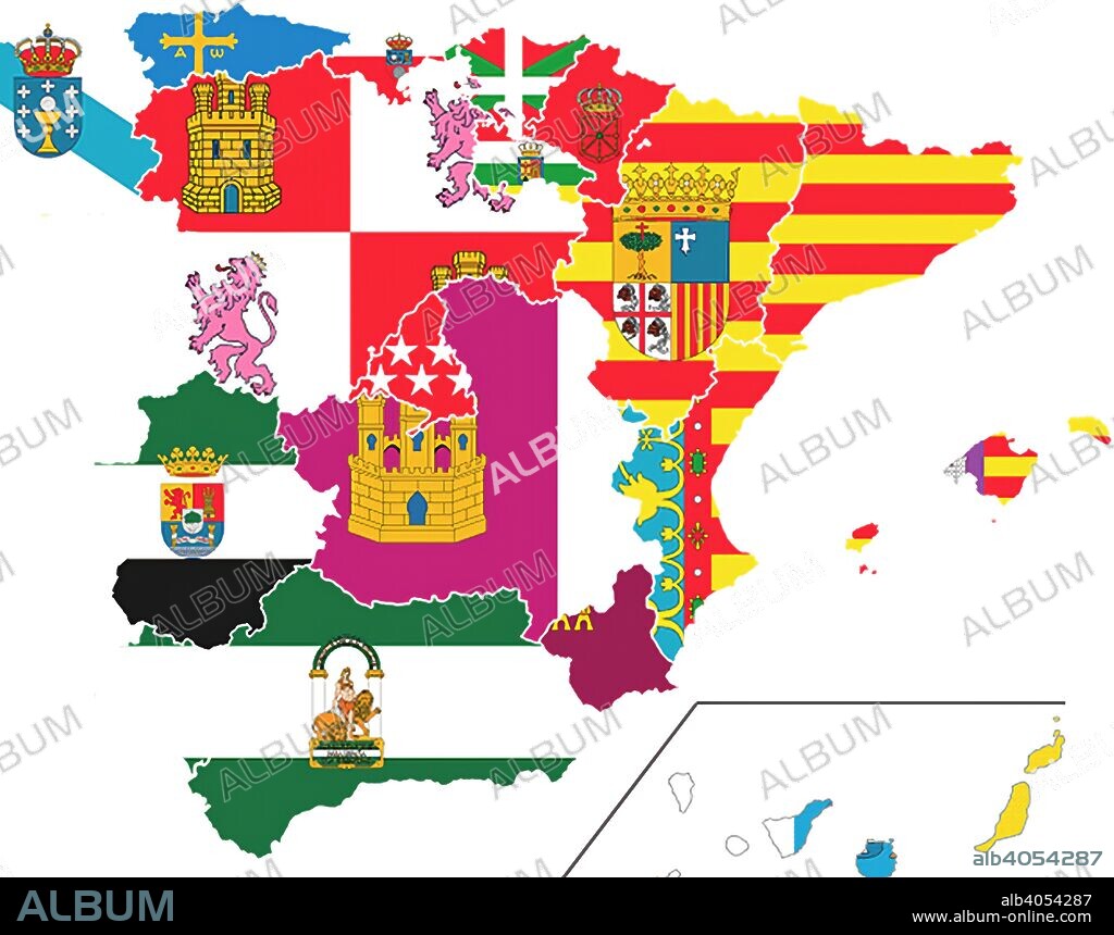 Mapa de España con las autonómias pintadas con sus banderas.
