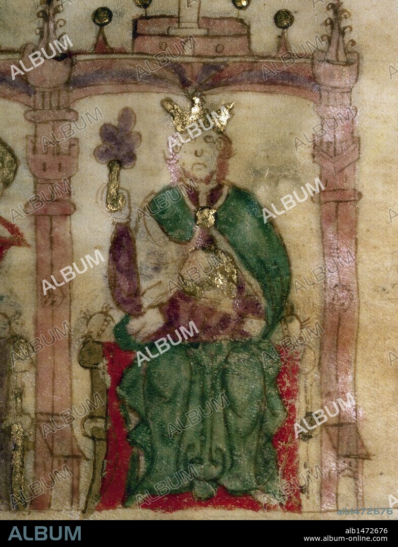 FRUELA I DE ASTURIAS (722-768). Rey de Asturias (757-768). Miniatura del códice. "Semblanzas de Reyes" Copia del s. XI. Biblioteca Nacional de Madrid. España.