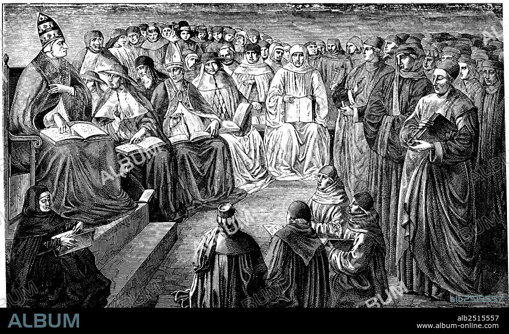 Santo Tomás de Aquino (1225-1274), defendiendo las órdenes mendicantes ante la asamblea de prelados y doctores de la iglesia presidida por el papa Alejandro IV (1199-1261) en 1256 en Anagni. Grabado de 1877.