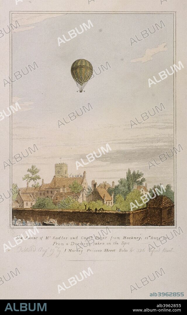View of James Sadler's balloon over Mermaid Gardens, Hackney, London, 1811. The balloon contains James Sadler and Captain Paget. Below are small figures watching the balloon high up in the sky from a wall.