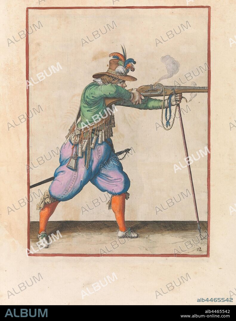 Soldier firing his musket, leaning on his furket, Corte lower right on the figuerliicke image, aiming a musket (a certain type of firearm) with both hands at a target, relying on a furket (musket fork), and firing. This print is part of the series of 43 hand-numbered prints of musketeers in the Wapenhandelhe, handling of weapons, military training, firearms: rifle, Jacob de Gheyn (II) (workshop of), The Hague, c. 1597 - 1607, paper, engraving, h 360 mm × w 260 mm.