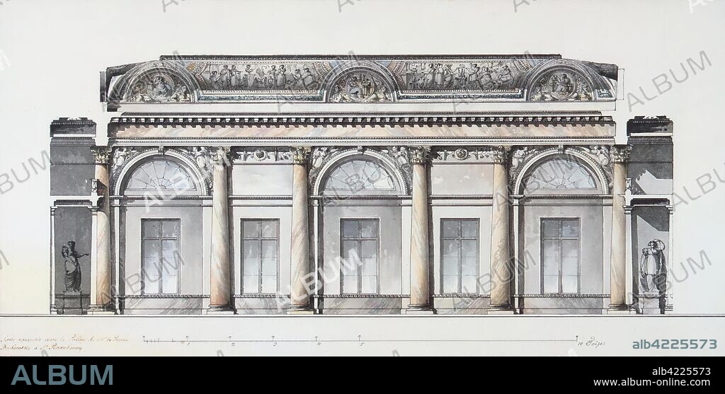 GIACOMO QUARENGHI. 'Palace of Prince A.A. Bezborodko in St Petersburg. Design of the Dancing Hall. Slit'. Italy-Russia, 1780s. Dimensions: 27x54,3 cm.