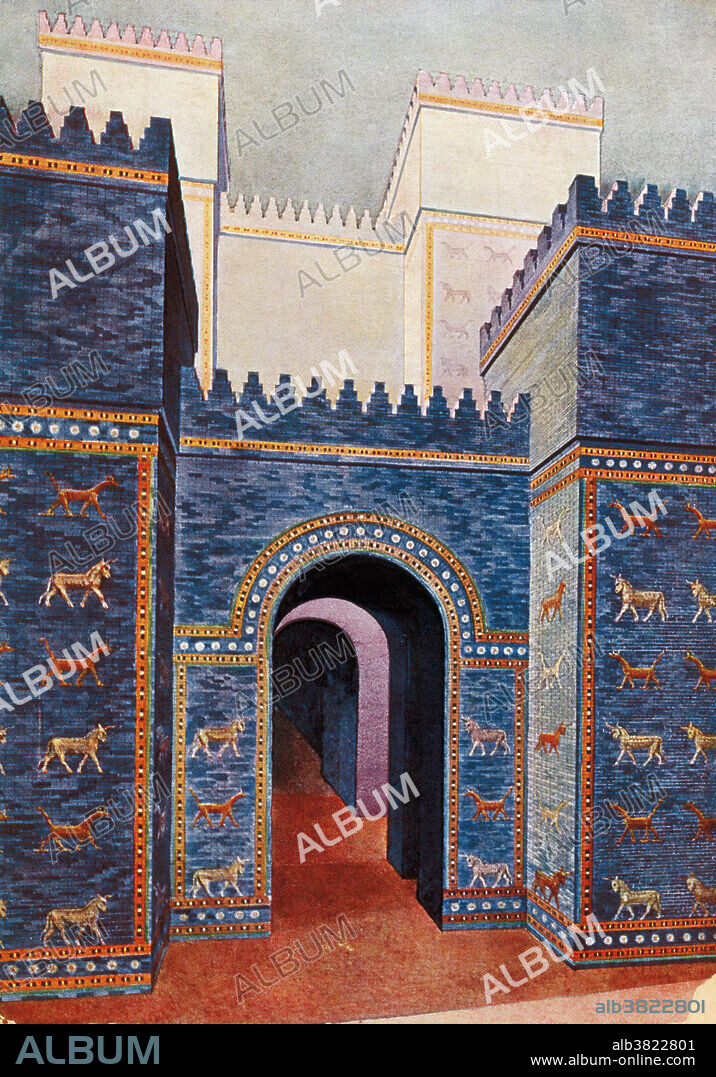 Artwork of the Gate of Ishtar, from Babylon, Iraq. Ishtar Gate is believed to have been constructed in 575 BC by King Nebuchadnezzar II. It was dedicated to the goddess Ishtar.
